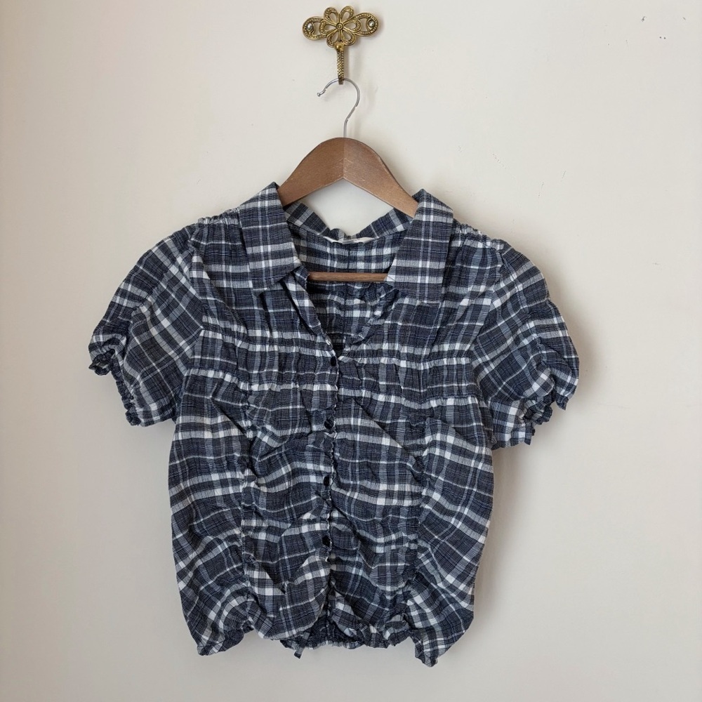 Moussy Blue Plaid Tie Front Shirred Top Free Size Y2K Schoolgirl
